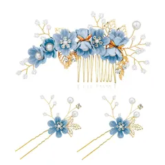 ヘッドドレス ウェディング 髪飾り 3点セット 花嫁 ブライダル コーム Uピンフラワー 花モチーフ ヘアピン かんざし 和装にも ヘッドアクセサリー 結婚式 披露宴 二次会 卒業式 入学式 パーティー ダンス 和装 撮影 (ブルー)