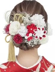 [Doscpe] 成人式 髪飾り 振袖 卒業式 つまみ細工 ソラフラワー 水引 金箔 着物 和装 振袖 袴 ヘッドドレス 結婚式 七五三 チュール 赤 レッド
