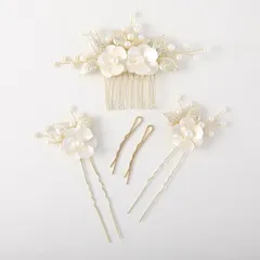 Famihot 髪飾り ヘッドドレス 木の葉 貝殻花モチーフ コーム パール ヘアピン 5本セット ヘアアクセサリー ウェディング 結婚式 お呼ばれ 披露宴 娘の卒業式 発表会 和装用 手作り髪飾り ゴールド