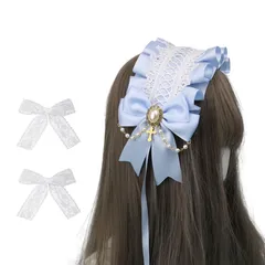 サムコス ロリータ リボン チャーム ロリータ ヘッドドレス ロリータ 髪飾り カチューシャ レース 蝶結び 萌え キュート かわいい コスプレ lolita メイドカフェ (ブルー)