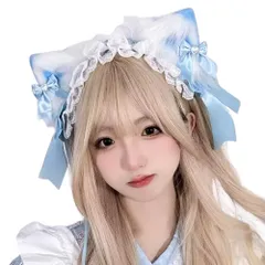 猫耳 ヘッドドレス ロリータ ゴスロリ カチューシャ リボン ヘアアクセサリー レース 髪飾り コスプレ アクセサリー (ライトブルー, Free Size)