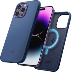 【新品】 Spigen iPhone14Pro ケース Magsafe対応 マグネット搭載 シリコーンケース 4重構造 指紋防止 擦り傷防止 レンズ保護 超薄型 超軽量 シリコン・フィット マグ・フィット ACS04992 (ネイビー・ブルー)