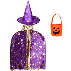 [Formemory] ハロウィン コスプレ 魔女 子供 仮装用マント 帽子付き 男女兼用 キッズコスチューム ハロウィン クリスマス パーティー イベント 仮装3点セット (パープル)