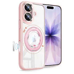 【新品】 DAMESINE iPhone 17用ケースMagsafe対応 マグネットリングスタンド付き 軽薄 透明アクリル背面 シリコン耐衝撃 滑り止め カメラコントロールボタン オシャレなカメラカバー着脱可能 かわいい アイホン17ケース ピンク