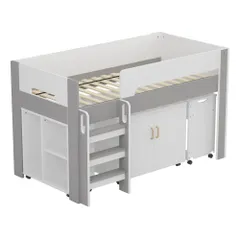 「8月16日再入荷予定」「数量限定セール」 ロフトベッド 全新品 階段付き S 木製 高さ120cm シングル ベッド ロータイプ ベッド デスク 本棚 机付き 学習机 コンパクト 本棚付き 収納 大人 一人暮らし ホワイトのサムネイル
