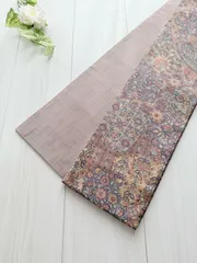 最後の一点！288号 半幅帯 本場結城紬 更紗×くすみピンクベージュ玉虫色紬 正絹 リバーシブル