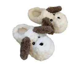 [1/2plus] レディース もこもこ ルームシューズ 犬モチーフ ファースリッパ 室内履き 滑り止め付き あったか ふわふわ 冷え対策 冬用 (白茶, 24-24.5cm, 日本の靴のサイズ寸法, 大人, 数値, 24.5 cm)