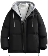 新品 [Bligo] メンズ 冬服 長袖 アウター 重ね着風 無地 フード付き 人気 大きいサイズ ゆったり ファッション ポケット付き 中綿ジャケット シンプル 暖かい 防風 厚い 秋 春 カジュアル コート 心地肌触り 高校生 Black-XL
