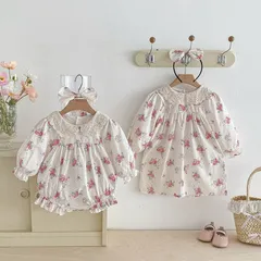 キッズ花柄ワンピース女の子ベビー赤ちゃんロンパース子供服ドレス32 ガーリー70 80 90 100 110 120 130 140かわいいナチュラル長袖おしゃれフリル可愛い上品お出かけSNS映え記念撮影【arc】
