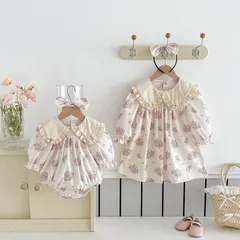 キッズ花柄ワンピース女の子ベビー赤ちゃんロンパース子供服ドレス33 ガーリー70 80 90 100 110 120 130 140かわいいナチュラル長袖おしゃれフリル可愛い上品お出かけSNS映え記念撮影【arc】