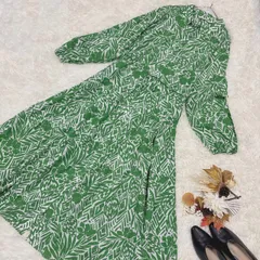 ZARA ZARA 極美品　シャツワンピース　ベルト　リボン　Aライン　長袖　2way 羽織　マキシ丈　総柄　XXL 大きいサイズ　希少　春夏　緑　グリーン