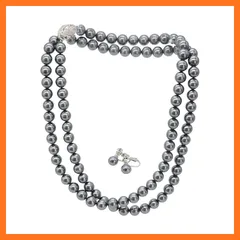 【新品】 [咲屋] パールネックレス 8mm 80cm ホワイト シルバーブラック ナチュラル ケース付き 貝パール 真珠 冠婚葬祭 卒業式 入学式 花珠級 天然貝核 (シルバーブラック/イヤリング) 0