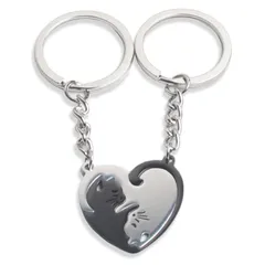 【新品】 [shttown] 猫 ペア キーホルダー キーリング カップル お揃い ハート型 可愛い ニコイチ プレゼント 記念日 1