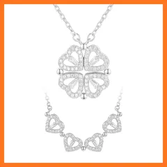 【新品】 [PetPong] ネックレス レディース 四つ葉のクローバー ハート マグネット式 シルバーカラー ジルコニア 華奢 上品 エレガント アクセサリー 人気 ペンダント 幸運 モチーフ 通勤 聚会 誕生日 プレゼント ギフトBOX付き 1