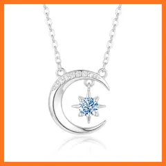 【新品】 [Ningnvshi] ネックレス レディース 「星連れ月」 シルバー925 金属アレルギー対応 ブルー ジルコニア 青 星 月 モチーフ ペンダント 華奢 アクセサリー 鎖骨チェーン 45+5cm 調整可能 誕生日 プレゼント 女性 人気 ジュ 1