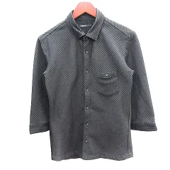 ハイダウェイ ニコル HIDEAWAYS Black by NICOLE ステンカラーシャツ ストライプ 五分袖 46 M 黒 ブラック /AU