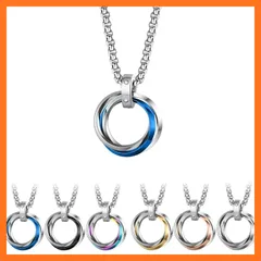 【新品】 [LinnWell] ネックレス メンズ レディース ファッション人気アクセサリー 三連リング ペンダント ステンレスネックレス 誕生日 記念日プレゼント (ブルー) 0