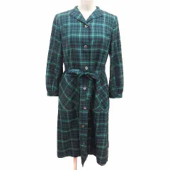 ダックス DAKS シャツワンピース ひざ丈 ウエストマーク チェック 長袖 ウール 42 緑 グリーン 紺 ネイビー /YK