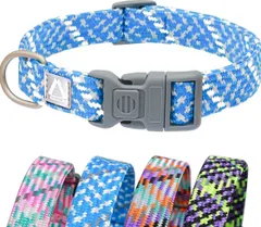 【Lサイズ】犬 首輪 大型犬 ナイロン製 45-60cm対応 丈夫な編み込み 反射テープ付き 安全ロックバックル搭載 (ブルー Blue L)