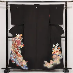 アンティーク 黒留袖 五つ紋 三つ割り桔梗 身丈154cm 裄丈61cm Dランク 正絹 袷 広衿 S 唐織 金駒刺繍 吉祥文様 橘 古典的 華やか 黒系 1211-F0562