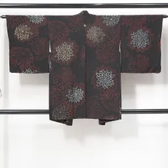 黒羽織（お召） 袷 身丈85cm 裄丈62cm 正絹 Sランク Sサイズ 一つ紋（桔梗） セミフォーマル 菊 漆糸 黒系 1217-14698