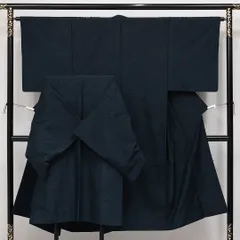 男着物 アンサンブル 袷 身丈137cm 裄丈62cm Aランク 正絹 棒衿 Sサイズ インフォーマル ひげ紬 無地 素朴 落ち着き 紺系 1219-14533