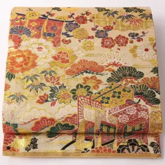 アンティーク 丸帯 帯丈386cm 全通 Aランク 正絹 御所車 金系 クリーム系 1223-01758