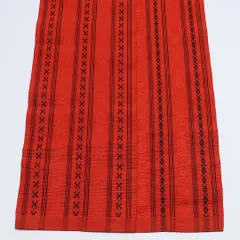 半幅帯 帯丈332cm Aランク カジュアル 全通 単衣帯 正絹 織り 本場筑前博多織 縞 朱系 1225-000570