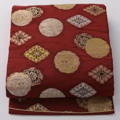 アンティーク 九寸名古屋帯 帯丈327cm 名古屋仕立て 六通 Aランク 正絹 菊菱 茶系 朱系 1224-03226