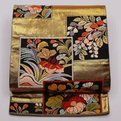 袋帯 帯丈432cm 全通 フォーマル Sランク 正絹 花柄 花絵札 菖蒲 古典的 華やか 金系 1223-01431