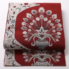 八寸 名古屋帯 帯丈368cm 開き仕立て 六通 Aランク カジュアル 正絹 花瓶 レトロ 可愛らしい 赤系 1224-03124