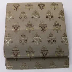 九寸名古屋帯 帯丈348cm セミフォーマル 開き仕立て 六通 Cランク 正絹 幾何学柄 グレー系 緑系 1224-03282