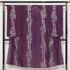 アンティーク お召 夏物 身丈139cm 裄丈62cm Aランク 正絹 バチ衿 XSサイズ よろけ縞 レトロ 遊び心 紫系 1265-13648