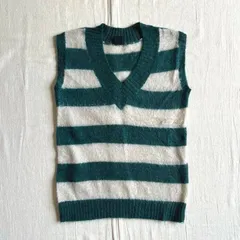 archive　アーカイブ古着　SHIPS　シップス　太ボーダー柄　モヘアニット　プルオーバーベスト　Vネック　グリーン×ホワイト　フリーサイズ　グランジ　Y2K　パンキッシュ　C-GIRL　stripes design mohair knit vest SH