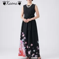 ❦Kaena❦　着物リメイク　ギャザー　ワンピース　ロング　ドレス　マキシ　Aライン　黒留袖　ベルト紐　後ろボタン　正絹　結婚式　パーティー　お呼ばれ　卒業式　入学式　ステージ衣装　オケージョン　ブラック　フォーマル　セレモニー　結婚式ドレス　スパンコール　桜