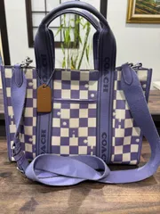 【中古品】 COACHコーチ スミス トート・チェッカーボード プリント 2WAYトートバッグ ショルダーバッグ 紫パープル×白ホワイト 肩掛け 手提げ バッグかばん 現状品