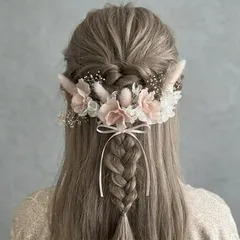 卒業式　成人式　髪飾り　袴　ハーフアップ　編みおろし　ピンク　白　リボン　ヘアアクセサリー