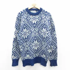L/古着 長袖 ノルディック セーター メンズ 90年代 90s 雪柄 ウール クルーネック USA製 紺他 26jan13