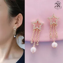 ピアス レディース 淡水パール 本物真珠 スターデザイン 流れ星 14Kコーティング 14KGP ロングピアス 顔痩せ効果 小顔効果 エレガント 大人可愛い 6月誕生石 卒業式 入学式 入園式 謝恩会  ギフト ホワイトデー 母の日  即購入OK 送料無料