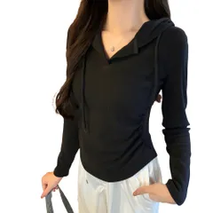 [AQUA Marine] パーカー クロップド Tシャツ レディース フード付き リブ素材 長袖 Vネック ドローストリング ギャザー タイト カットソー 秋冬 春 カジュアル かわいい (JP, アルファベット, M, 標準 [ブラック] [M] [標準]