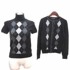アンタイトル UNTITLED アンサンブル カーディガン ニット カットソー タートルネック アーガイル柄 半袖 ウール 2 M 黒 ブラック グレー /YK