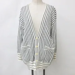 イリアンローブ iliann loeb カーディガン 長袖 Vネック 前ボタン開き ストライプ ニット リブ 白 黒 ホワイト ブラック 
