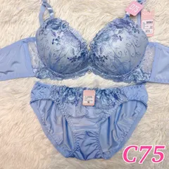 ブラショーツセット C75 花柄刺繍  ブルー 大人可愛い  エレガント フルバック ランジェリー 下着セット