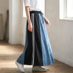 デニム切替スカート サイドライン ロング フレア ウエストゴム スポーティー