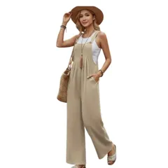 [レグエイト] オーバーオール レディース サロペット ワイドパンツ ゆったり 体型カバー オールインワン 無地 春 夏 秋 ベージュ ブラック ネイビー カジュアル コーデ 着回し オシャレ (ベージュ, XL) [ベージュ] [XL]