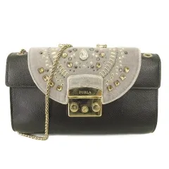フルラ FURLA ビジュー フラップ 2WAY クラッチバッグ ショルダーバッグ レザー×ベロア 黒 グレー ■GY47