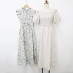 グレイル GRL ワンピース 2枚セット 半袖 ノースリーブ スクエアネック ハイネック ロング丈 フレア シャーリング フリル 花柄 ベージュ アイボリー M