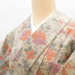 ウール着物 単衣 ベージュ×多色 花デザイン バチ衿 カジュアルきもの 普段着物 仕立て上がり ウールきもの 和洋ミックス 身丈159.2cm
