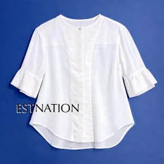 cX80 ESTNATION 2024SS シアー バンドカラー ノーカラー ブラウス 金ボタン ハーフスリーブ 半袖 オフィスブラウス ホワイト 白 エストネーション 定価24,200円 cX80 ESTNATION 2024SS シアー バンドカラー ノーカラー ブラウス 金