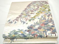 6k698 丸帯 絹 夏帯 夏物 絽 グレー ベージュ 金色 銀色 緑 紫 花柄 